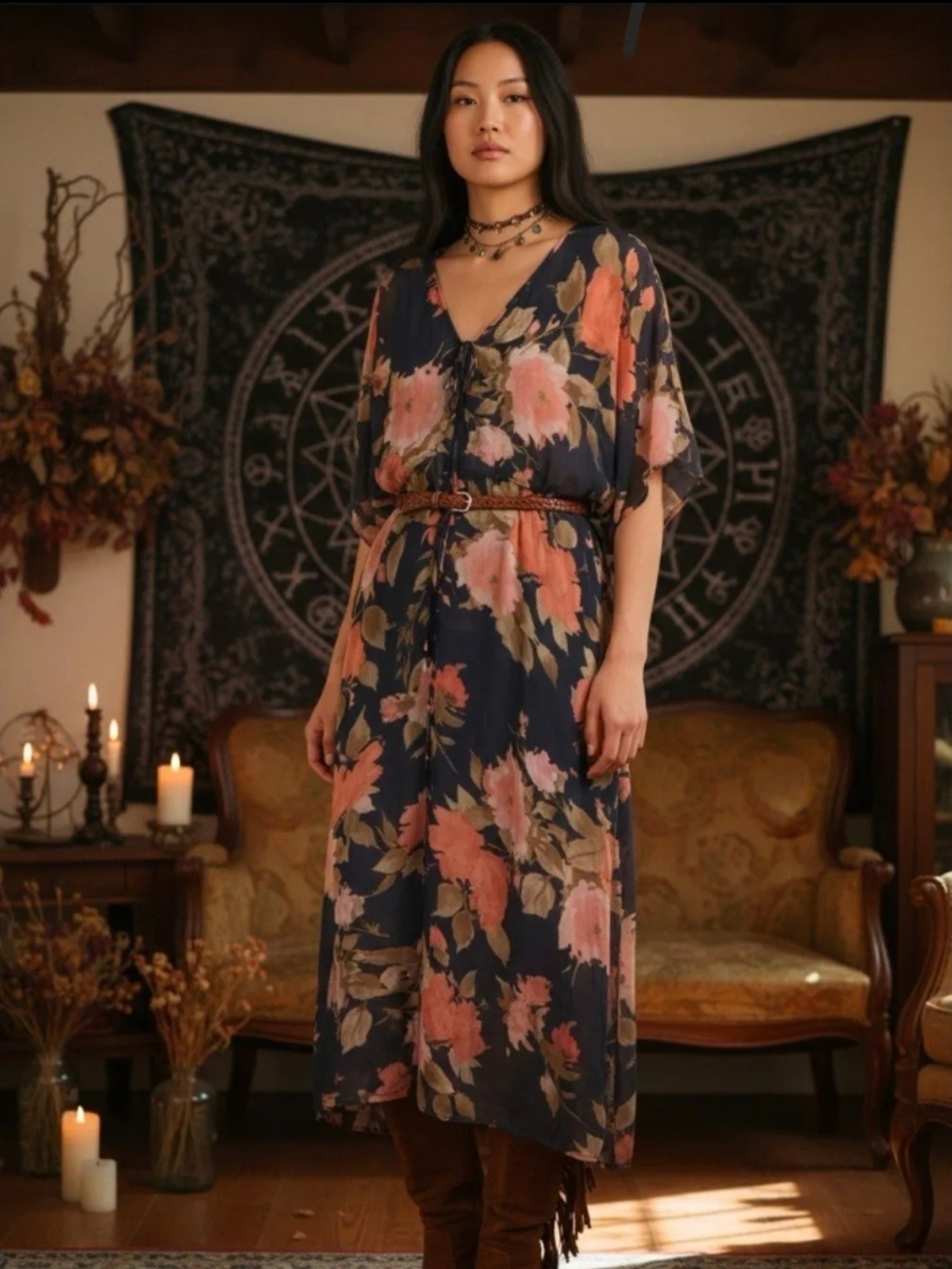 Cato Navy Sheer Maxi Dress with Blush Floral Print